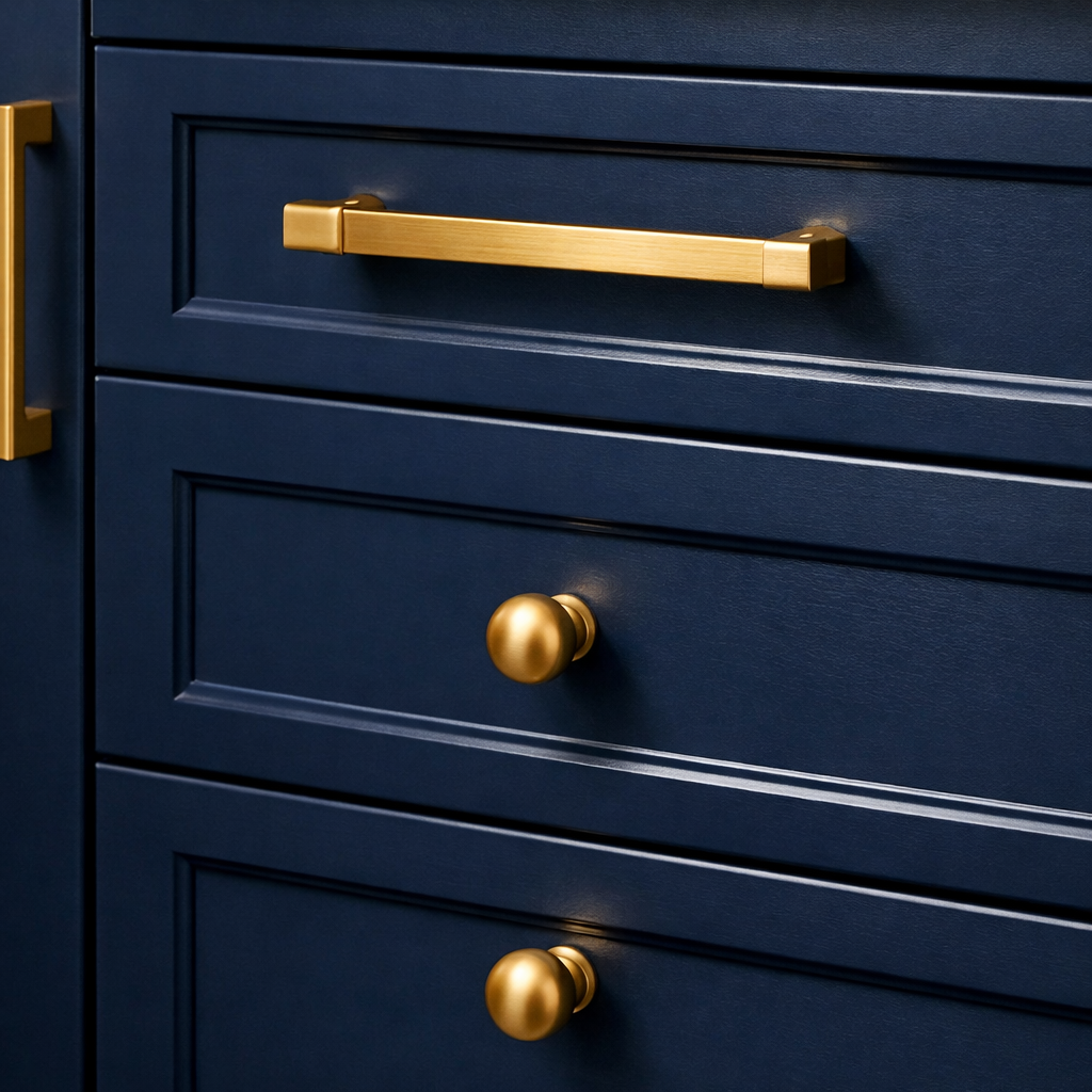 Close-up of navy blue kitchen drawers with gold hardware