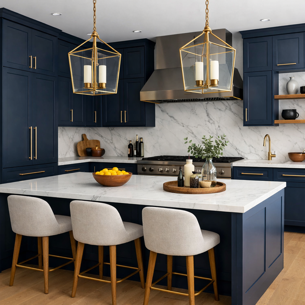 A modern kitchen featuring navy blue cabinets and gold accents.