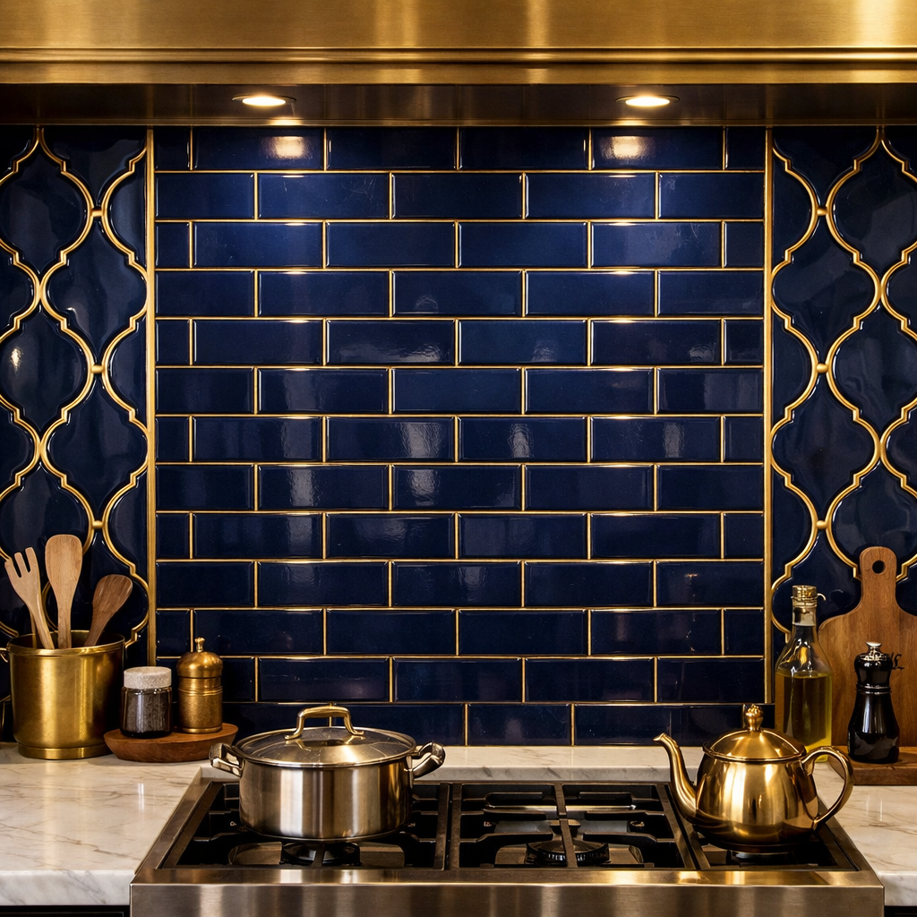 Navy blue kitchen backsplash with gold trim and cooking utensils