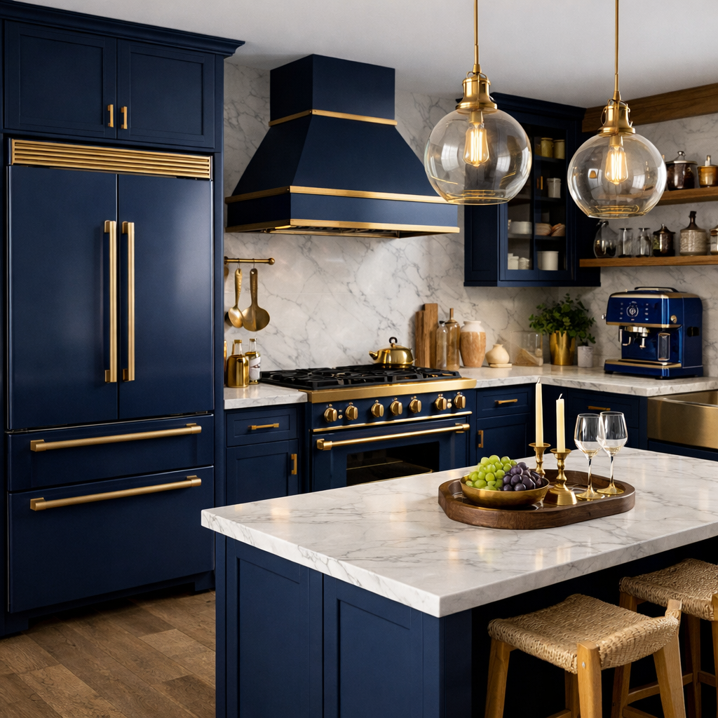 Navy blue kitchen featuring gold accented appliances and fixtures.