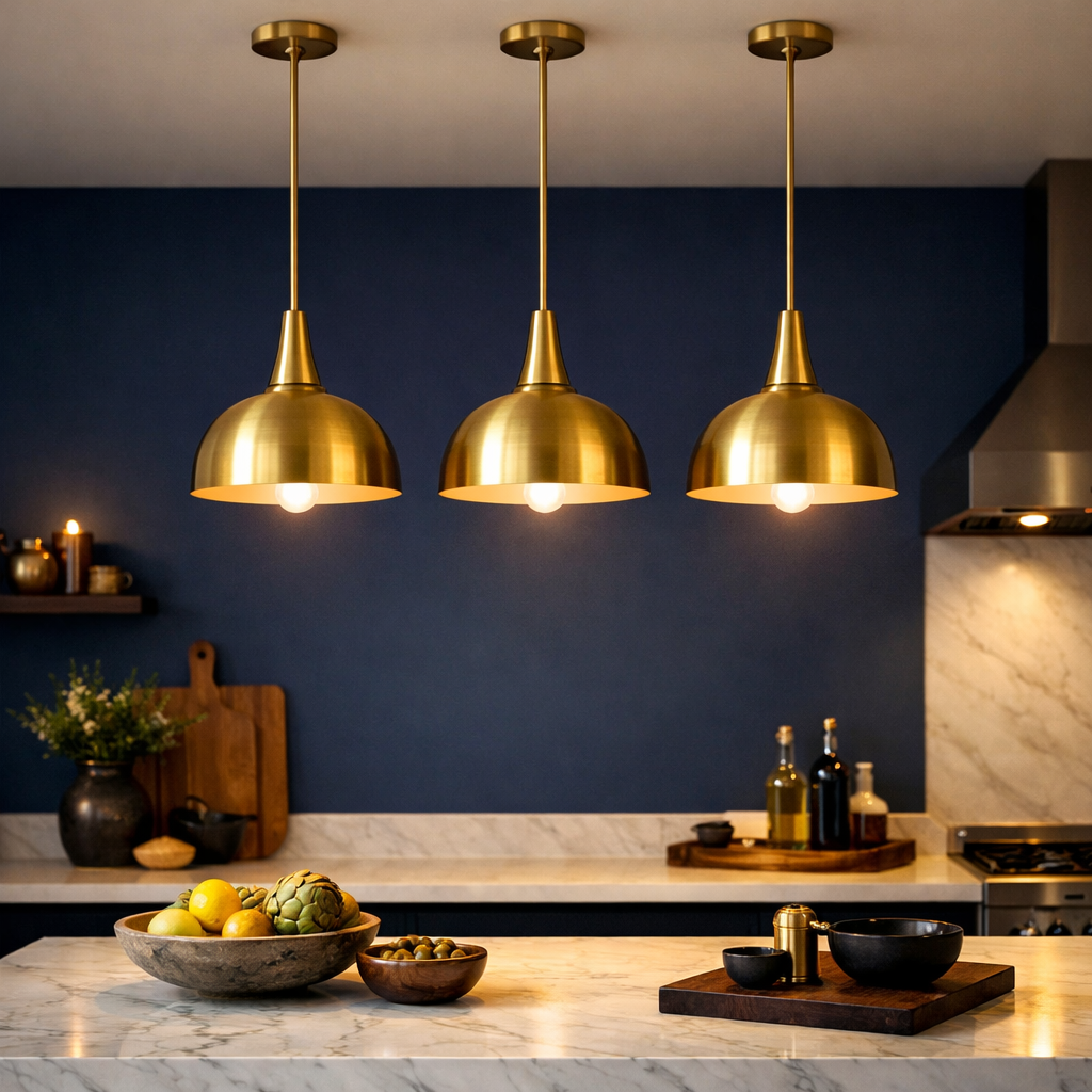 Modern kitchen featuring gold pendant lights hanging over a marble countertop with navy blue walls.