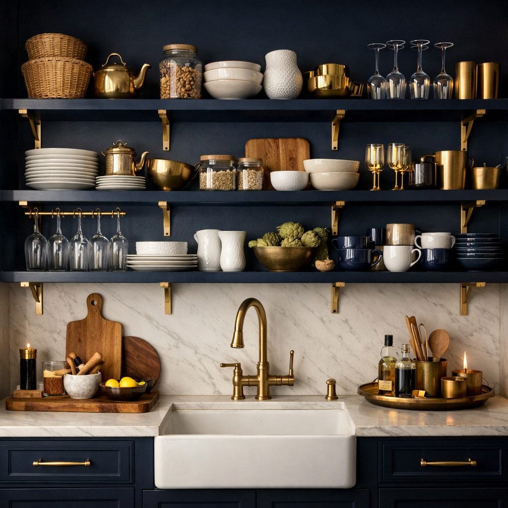 Beautiful navy blue and gold kitchen with open shelving displaying various kitchenware and decor items.