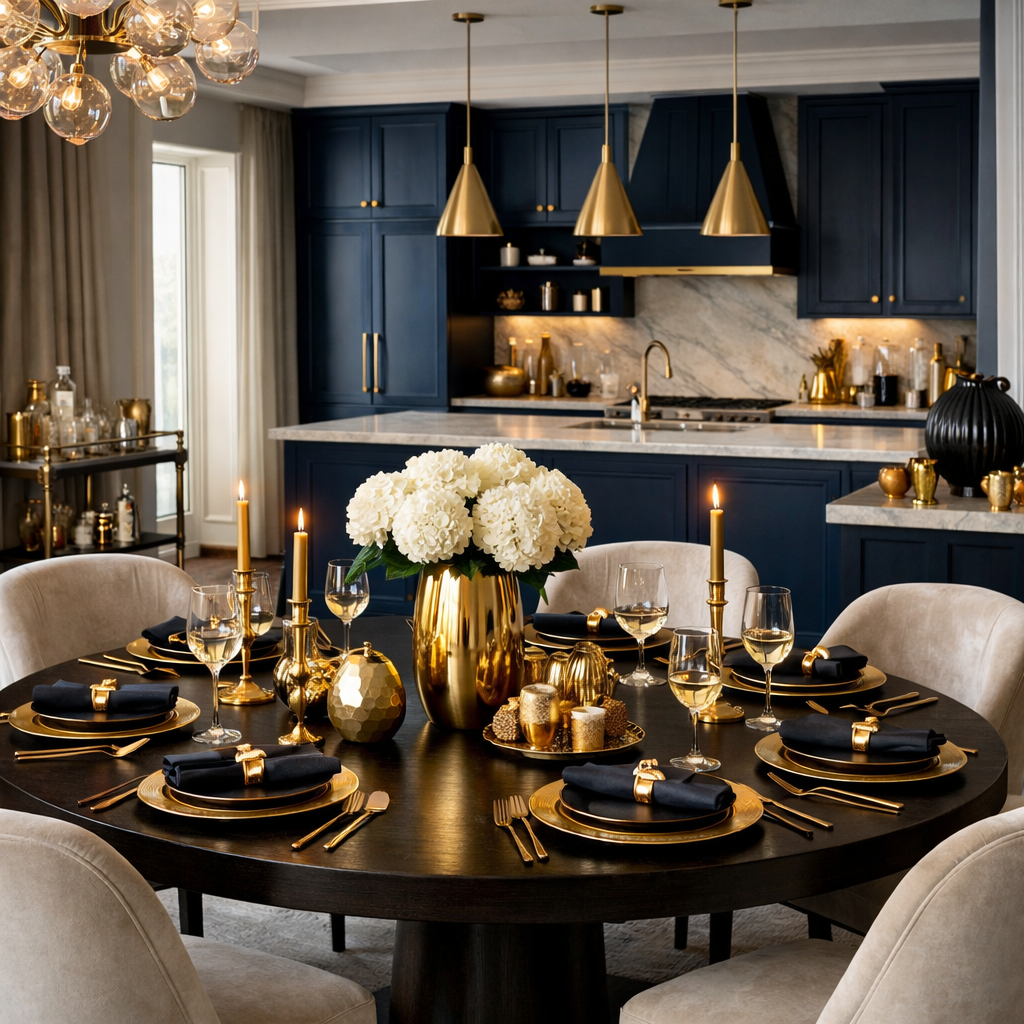 Elegant navy blue and gold themed dining area with a round table set with plates, glasses, and candles.