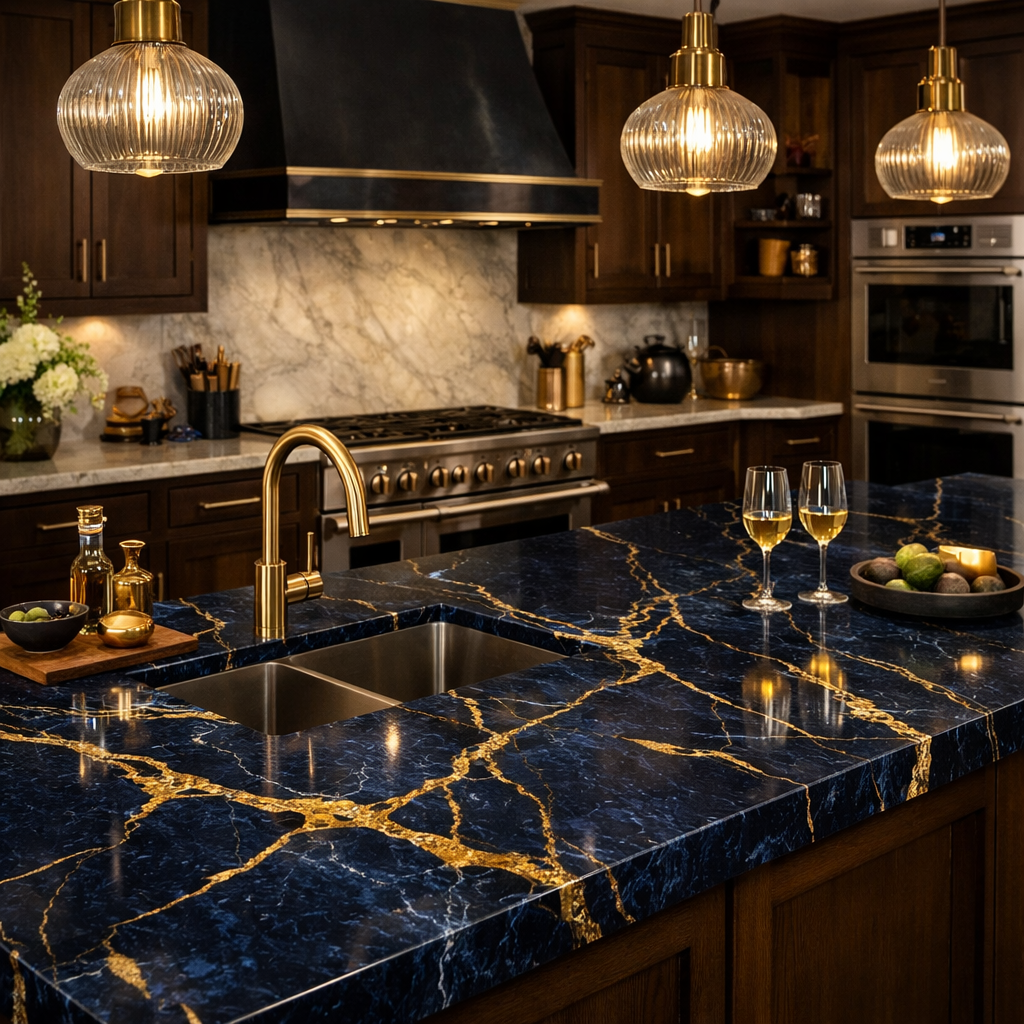 A kitchen showcasing navy blue countertops with gold veining and elegant pendant lights.
