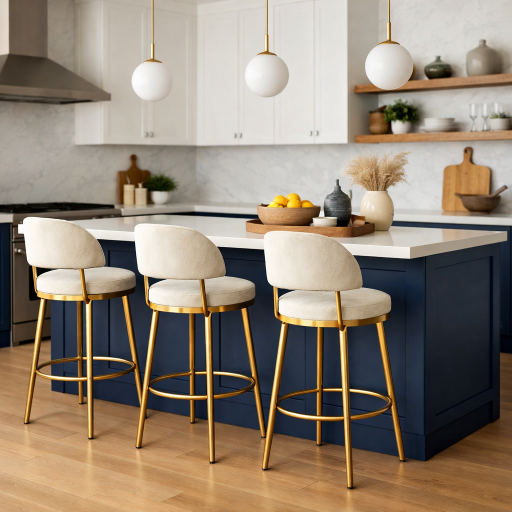 Navy blue kitchen island with beige and gold stools, adorned with pendant lighting and decorative items.