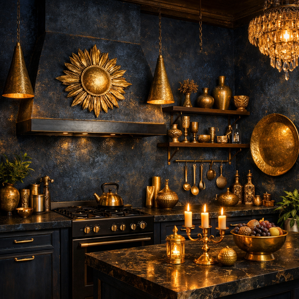 A stylish kitchen featuring textured navy blue walls adorned with elegant gold decor.