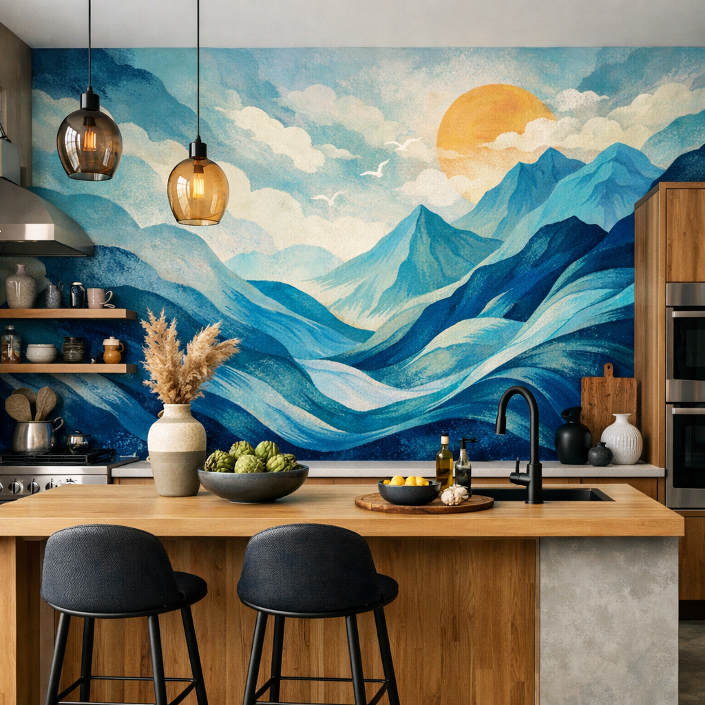A beautifully painted blue mural in a kitchen featuring mountains and a sun.