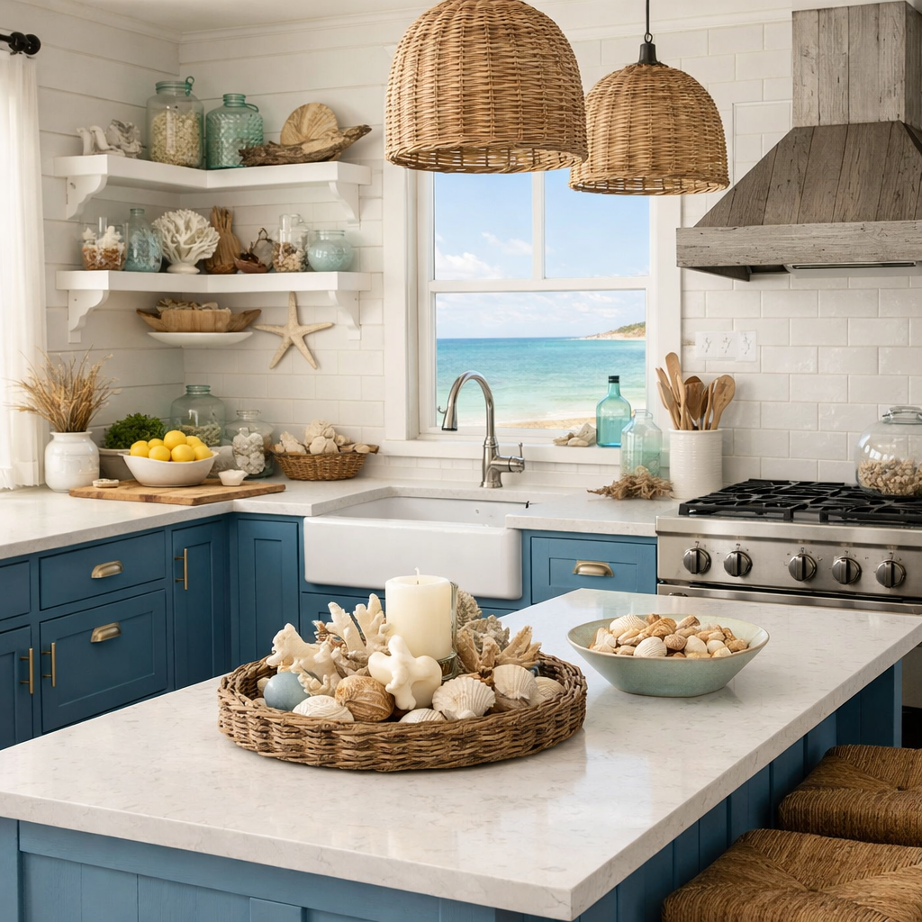 A bright kitchen featuring ocean blue cabinets, woven light fixtures, and a view of the beach.