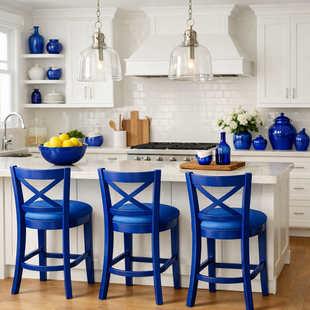 A modern kitchen featuring cobalt blue accents with blue bar stools and decorative blue items against white cabinetry.
