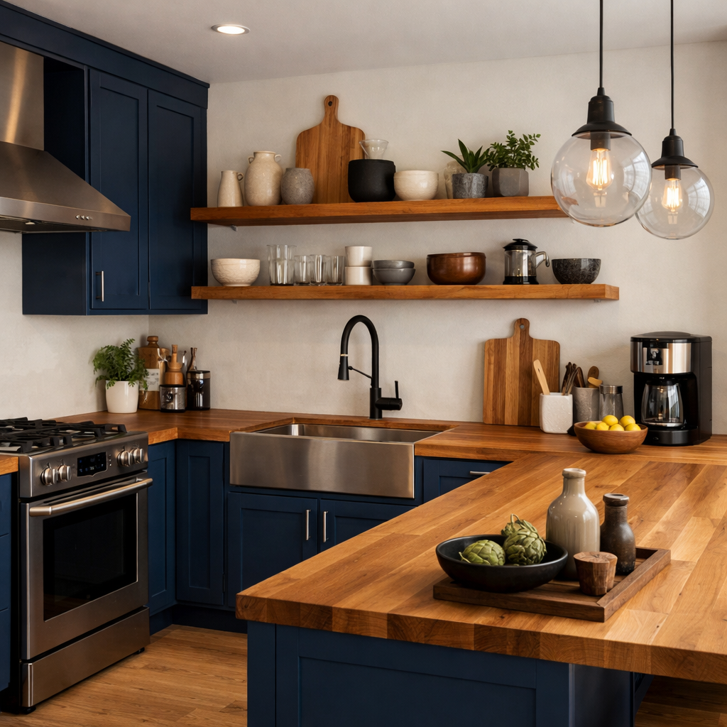 A modern kitchen featuring deep blue cabinetry and natural wood elements, with open shelving and stylish lighting.
