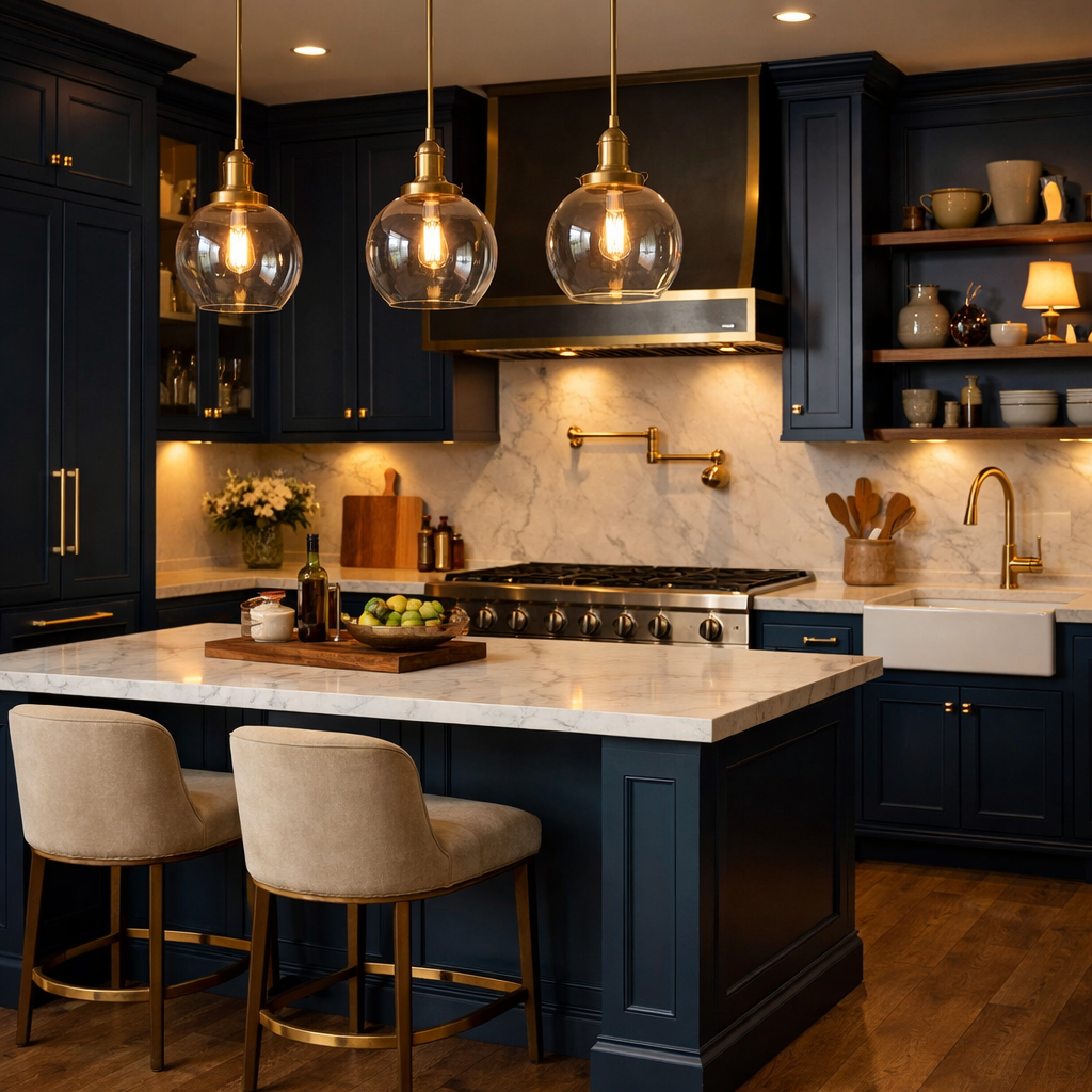 A kitchen featuring elegant navy blue cabinets with brass fixtures, a marble countertop, and stylish pendant lights.