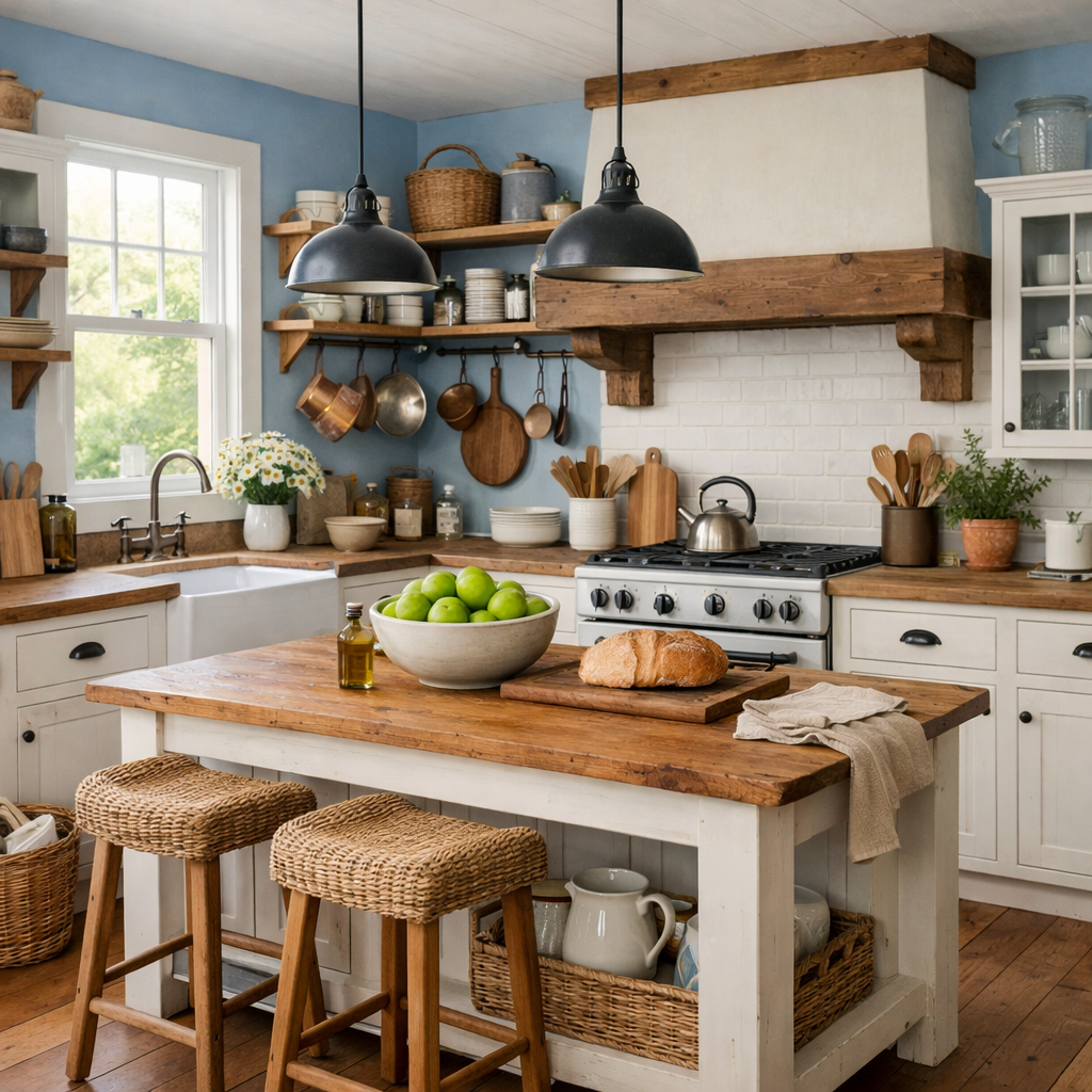 A cozy farmhouse kitchen with sky blue walls, wooden accents, and a bright inviting atmosphere.