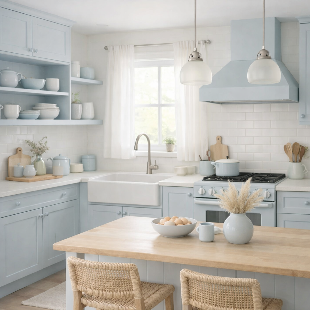 A calming blue kitchen with soft pastel cabinets, open shelving, and a wooden dining table