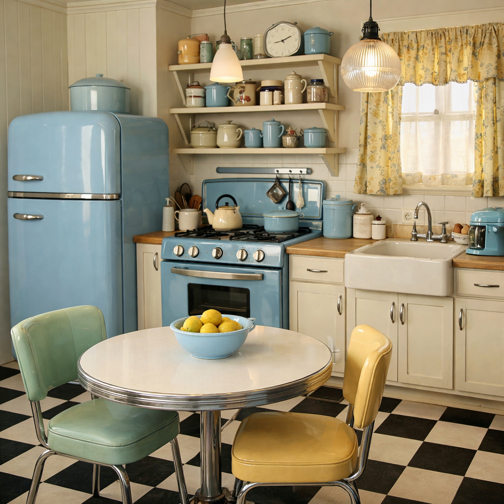 A vintage kitchen featuring blue appliances, a round table with colorful chairs, and a cozy decor.