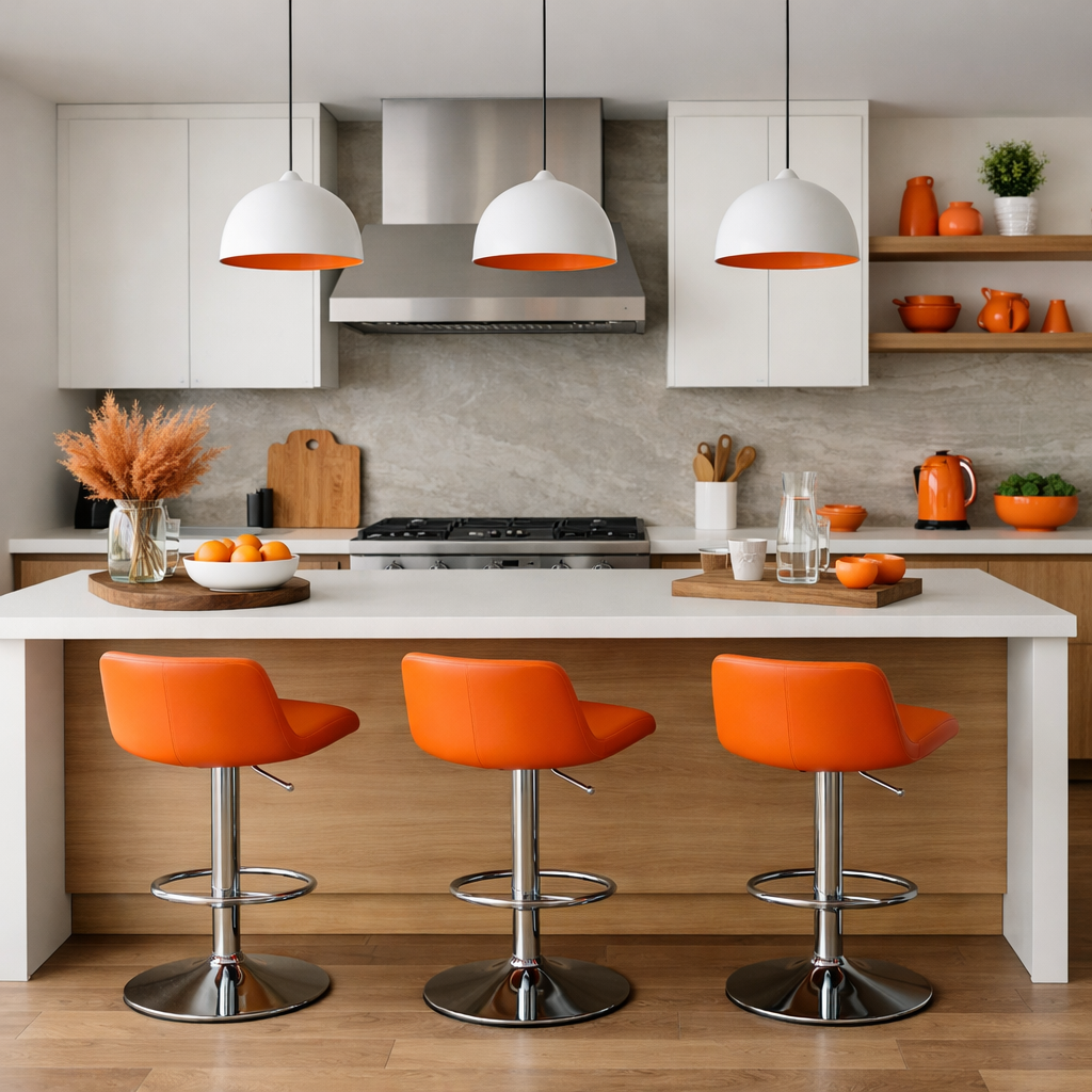 A modern kitchen featuring bright orange bar stools and kitchenware, with warm wood tones and gray accents.