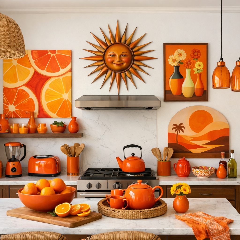 A sunny orange themed kitchen with vibrant wall art and kitchen decor.