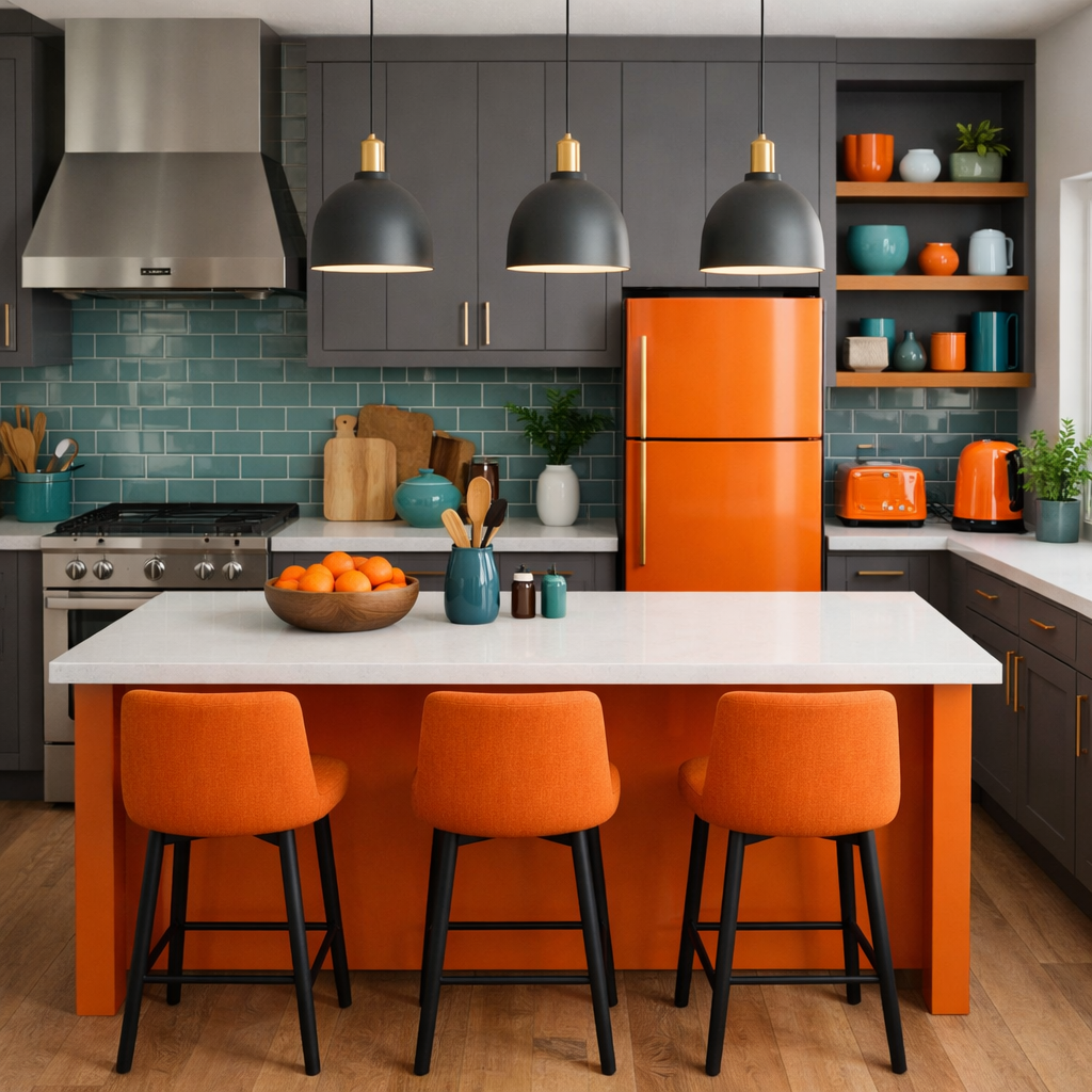 An orange kitchen featuring a bold orange fridge and bar stools against gray cabinetry and turquoise accents.