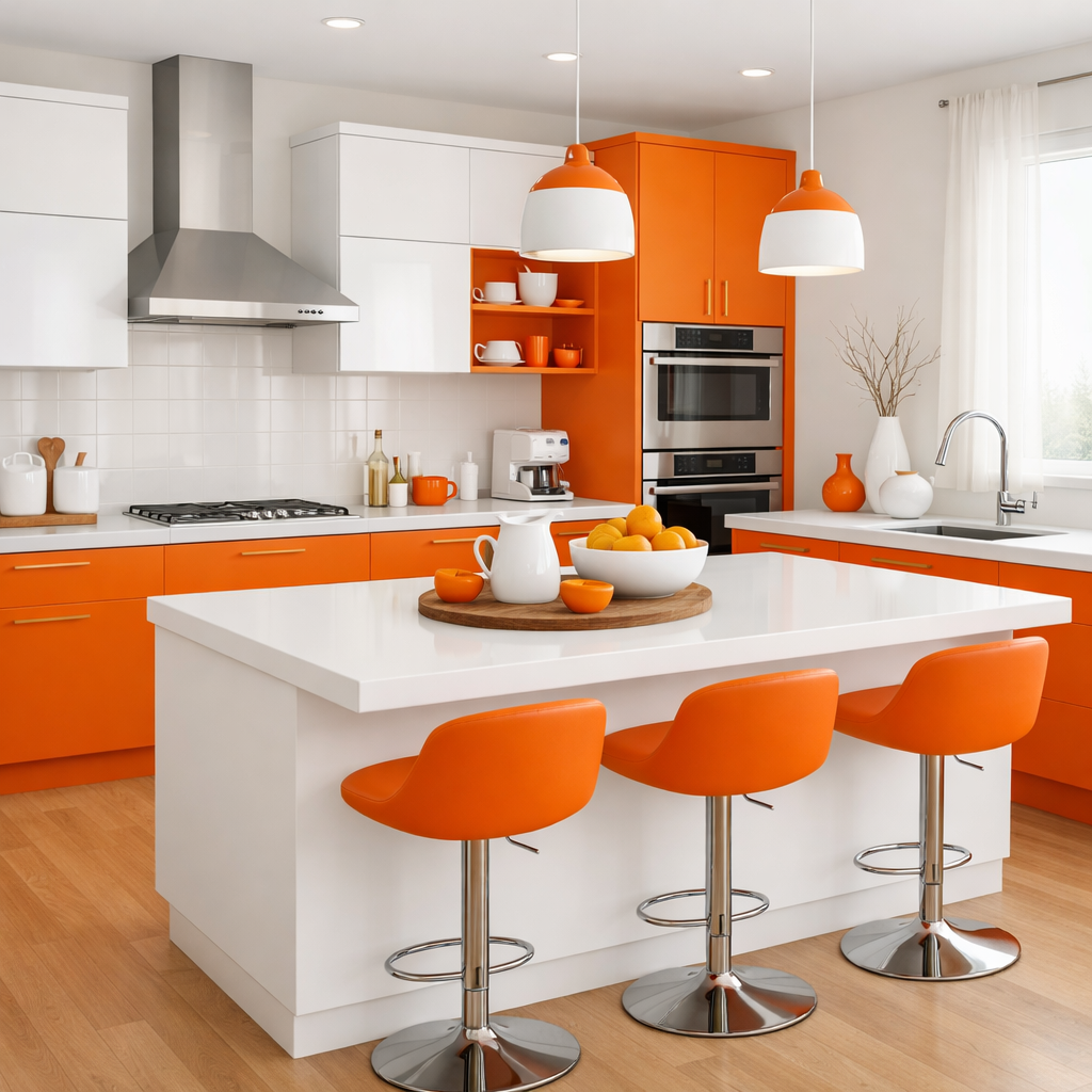 A modern kitchen with orange cabinets, white countertops, and stylish fixtures.