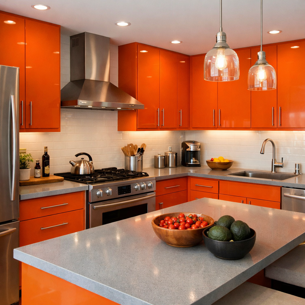 A modern kitchen featuring bold orange cabinets, gray countertops, and colorful fresh produce.