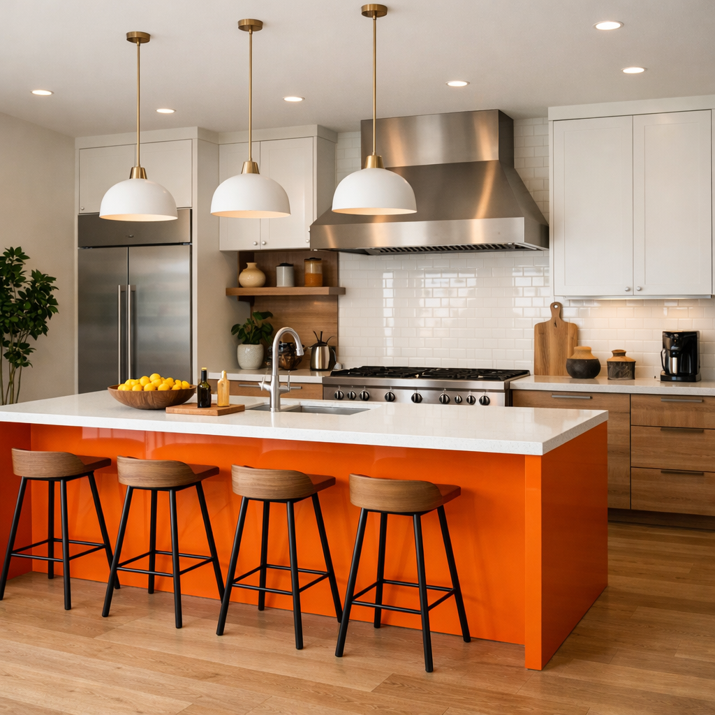 A vibrant orange kitchen island with a white countertop and wooden bar stools in a modern kitchen.