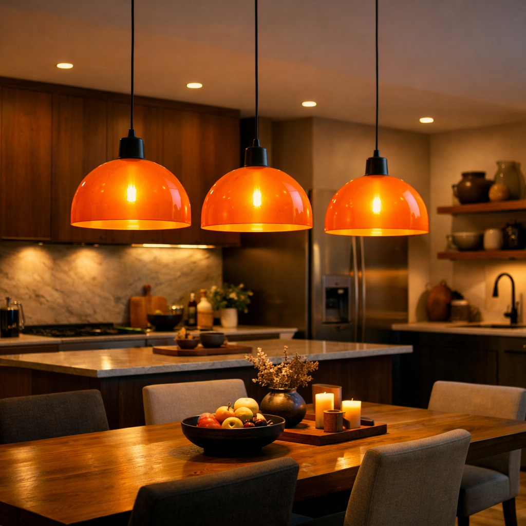 Three orange pendant lighting fixtures hanging over a wooden dining table in a modern kitchen.