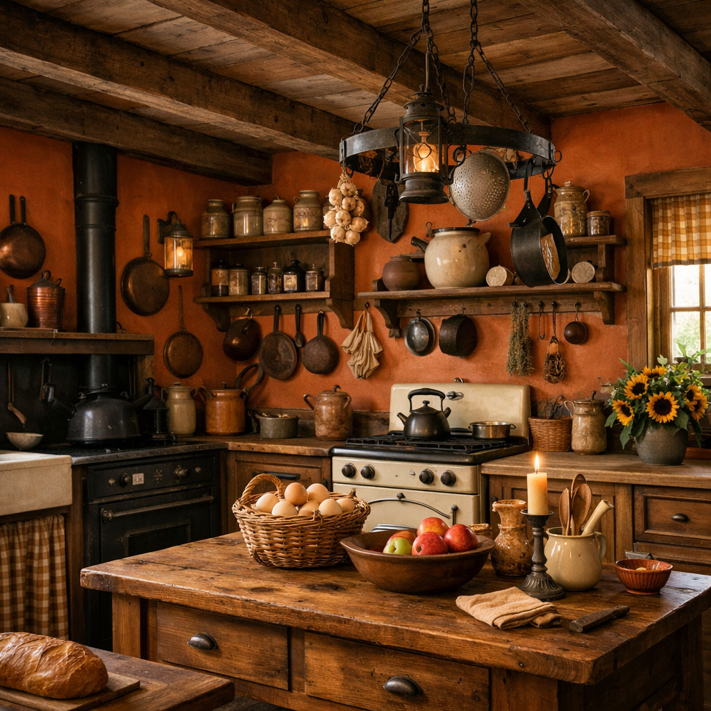 A rustic orange farmhouse kitchen featuring wooden beams, a central table with fresh produce, and warm, inviting decor.