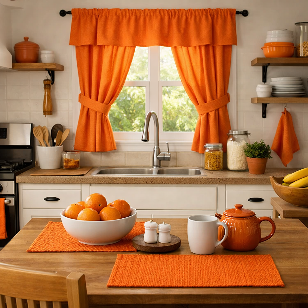 A cozy kitchen featuring bright orange curtains and placemats on the table, creating a warm and inviting atmosphere.