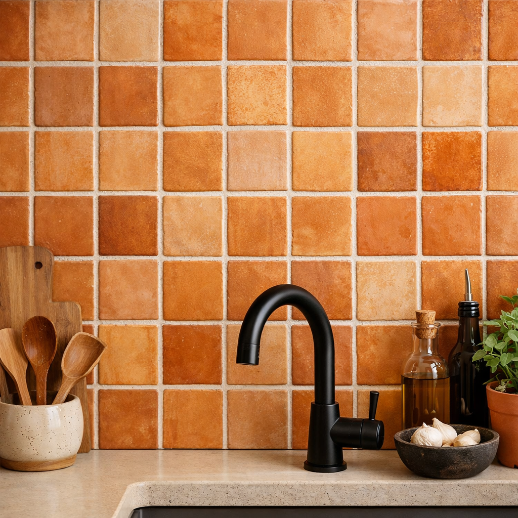 Orange-toned tiled backsplash in a kitchen setting with utensils and spices.