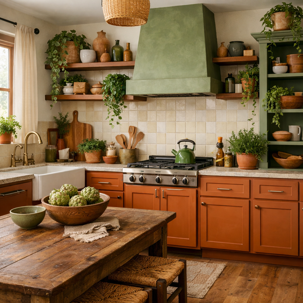 A cozy kitchen with earthy orange cabinets and green accents, featuring wooden elements and plants.