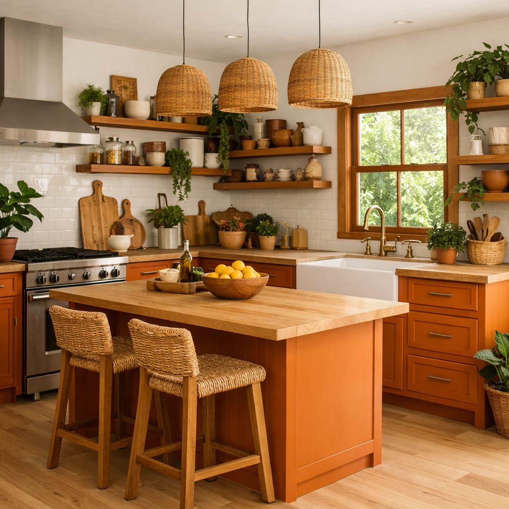 A warm kitchen featuring orange cabinets, natural wood accents, and a cozy layout with greenery.