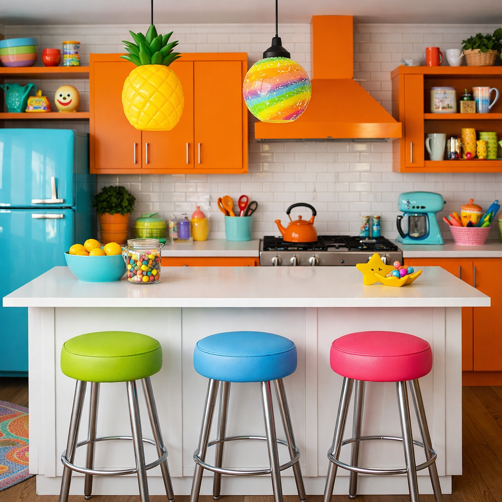 A colorful kitchen featuring orange cabinets and playful decor.