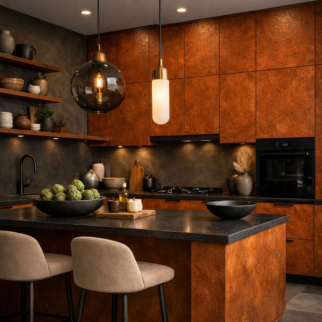 Modern kitchen featuring textured orange cabinets with contrasting dark elements.