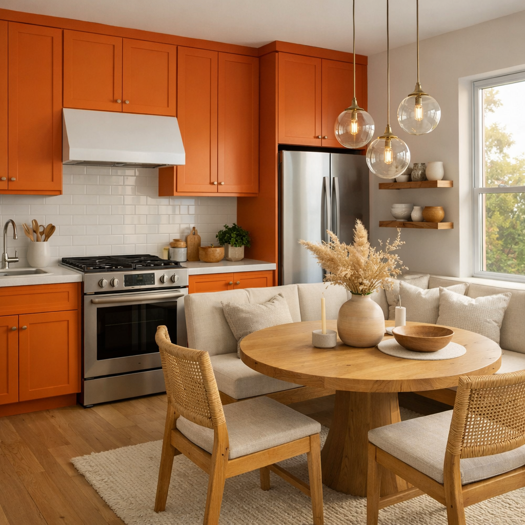 A kitchen featuring vibrant sunset orange cabinets, a round wooden table, and cozy seating.