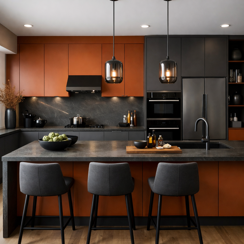 A modern kitchen featuring burnt orange cabinets and gray accents.