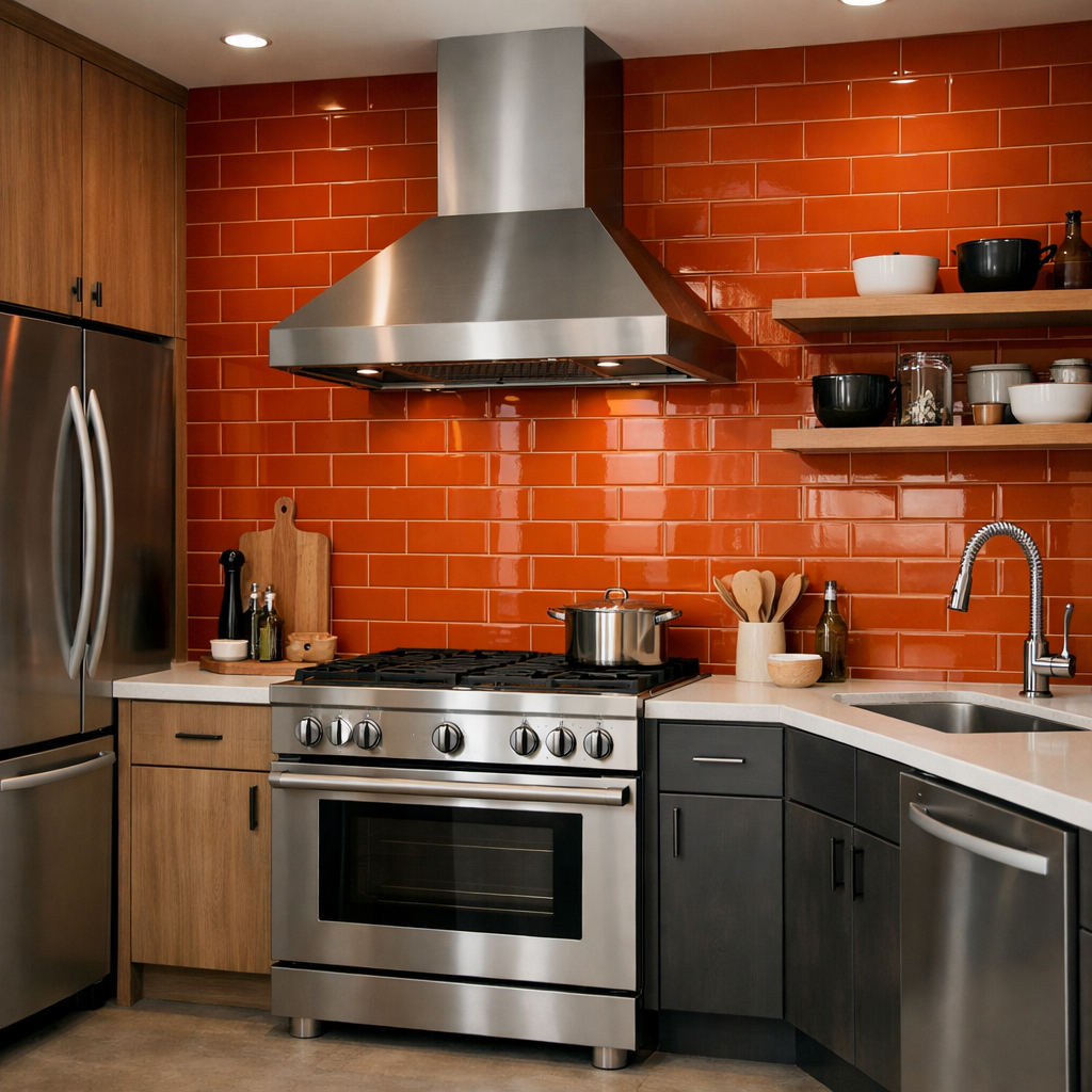 Modern kitchen with a burnt orange tile backsplash, stainless steel appliances, and wooden shelves.