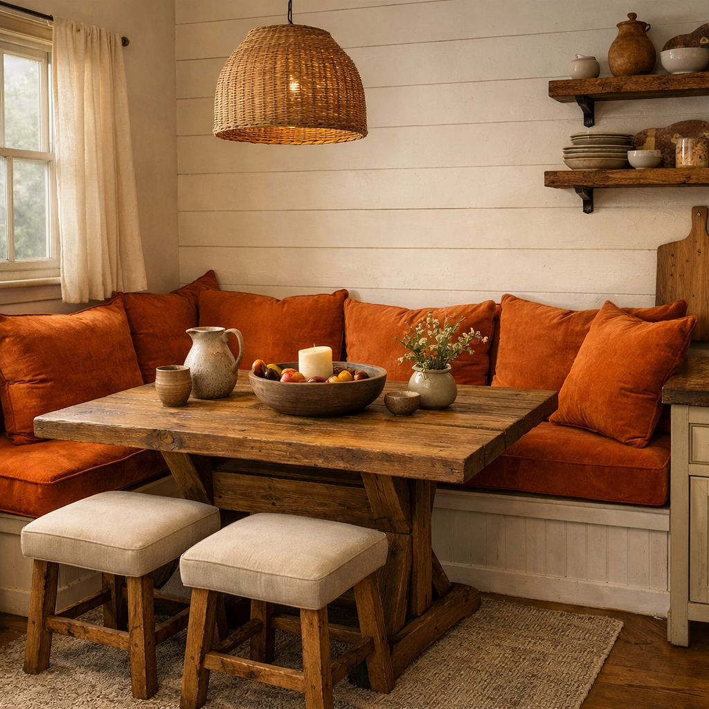 Cozy burnt orange dining nook with a wooden table, cushions, and a woven pendant light.