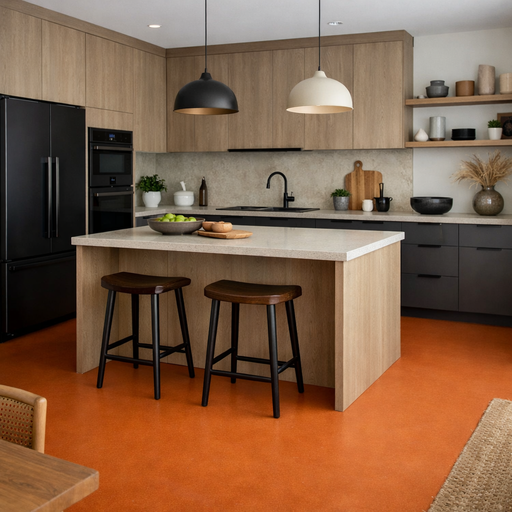 A modern kitchen featuring burnt orange flooring, wooden cabinets, and sleek appliances.