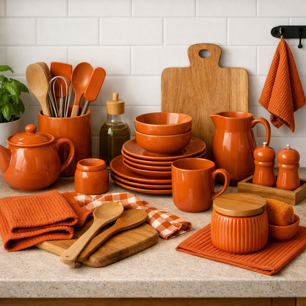 A kitchen countertop featuring burnt orange pots, plates, and utensils.