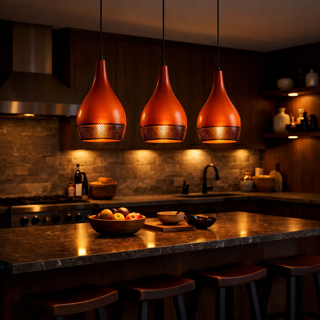 A cozy kitchen featuring three burnt orange pendant lights hanging over a dark countertop, with warm wood cabinetry in the background.