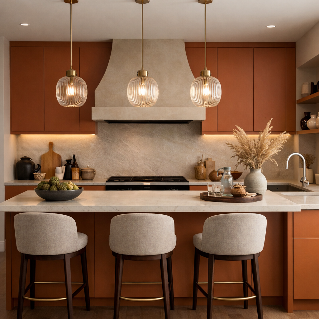 A modern kitchen featuring burnt orange cabinets and neutral tones with stylish lighting and decor.