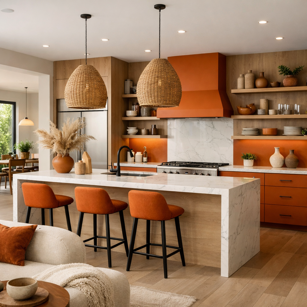 Open concept kitchen featuring burnt orange accents with modern design elements.