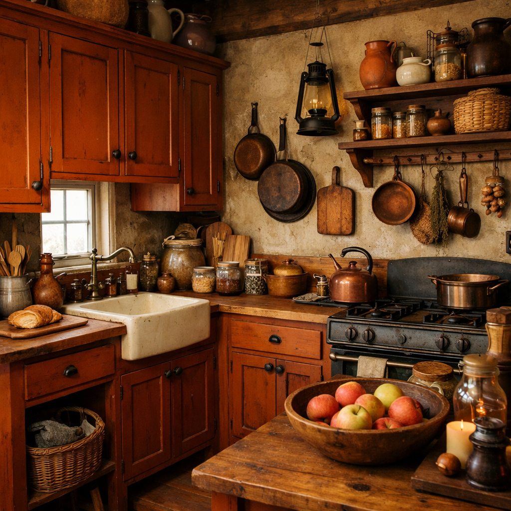 A rustic kitchen with burnt orange cabinets, wooden countertops, and various jars and utensils.