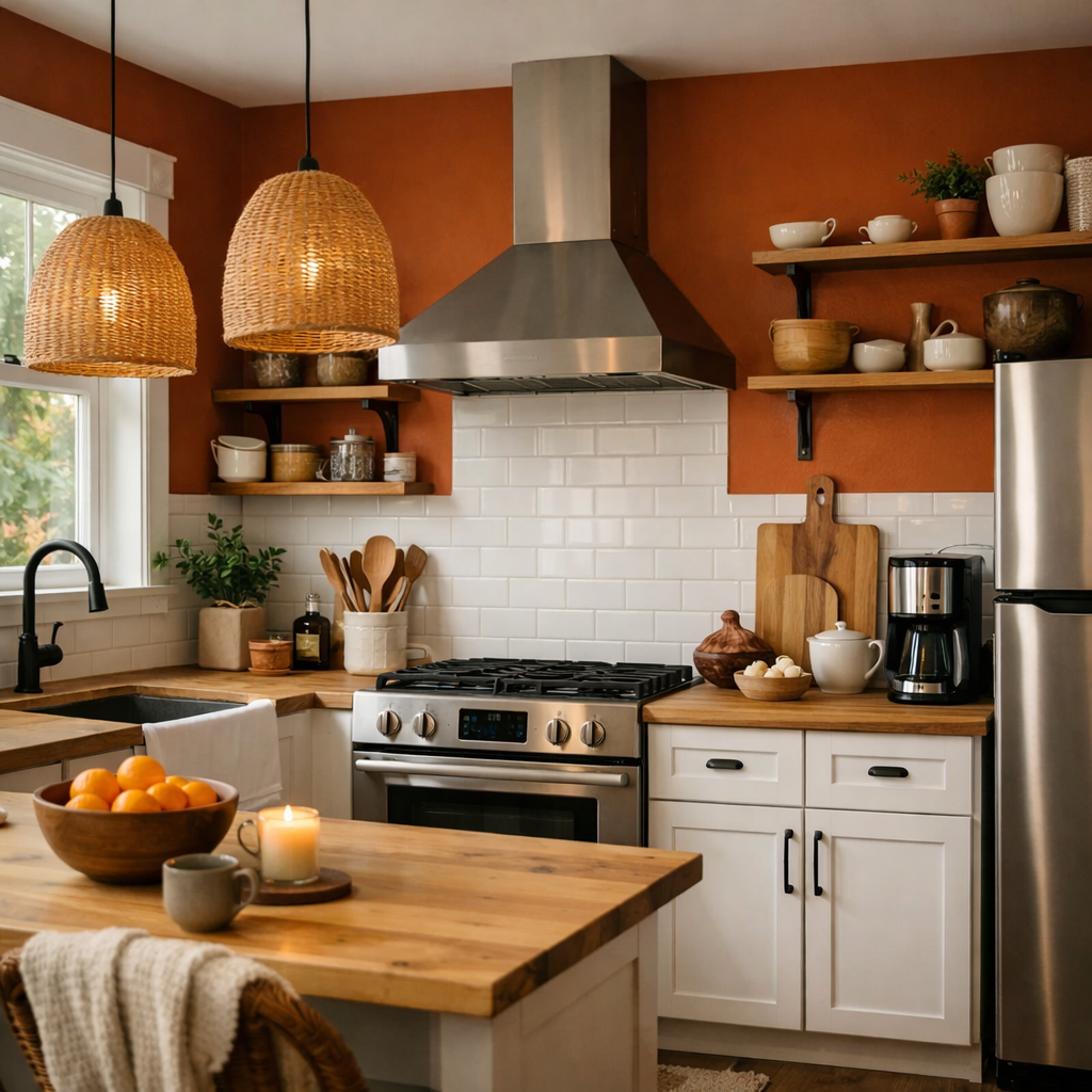 A warm burnt orange kitchen featuring white cabinets, wooden accents, and rattan pendant lights.