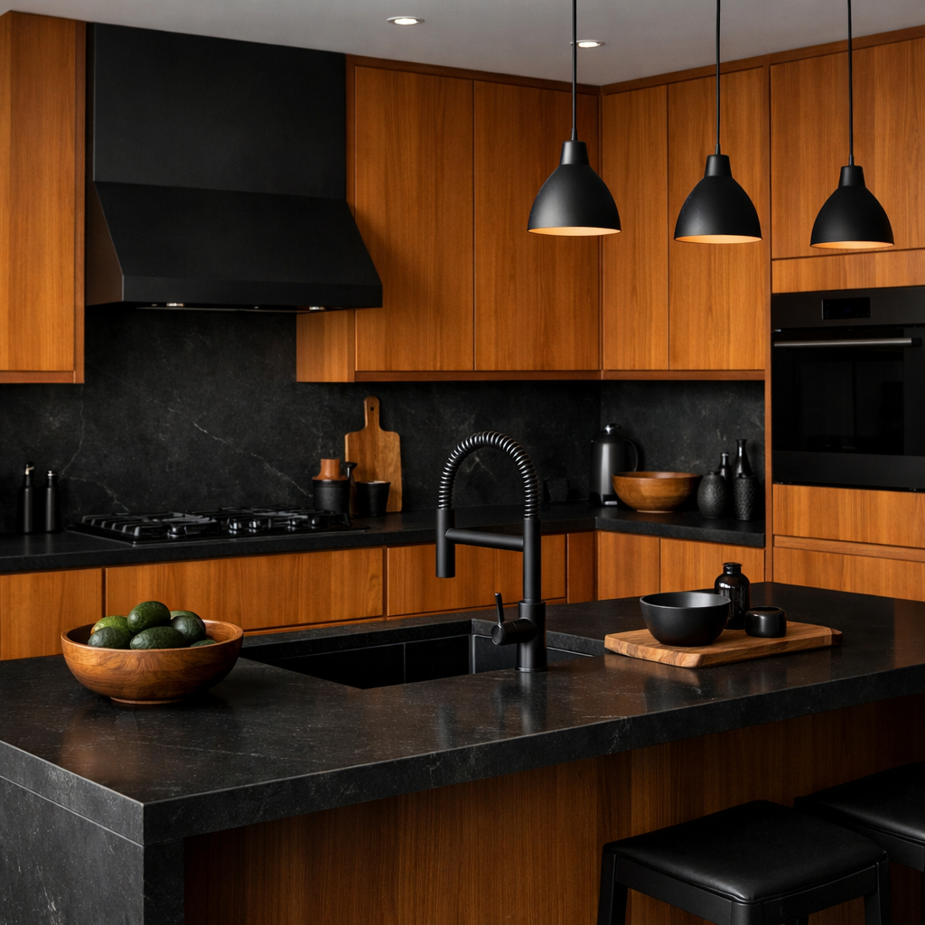 A modern kitchen featuring orange wood cabinets and dark accents.
