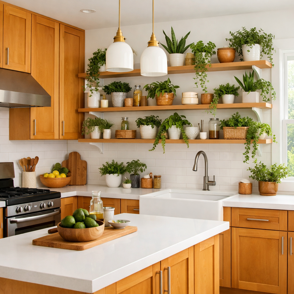 A bright kitchen featuring orange wood cabinets, white countertops, and plants decor.