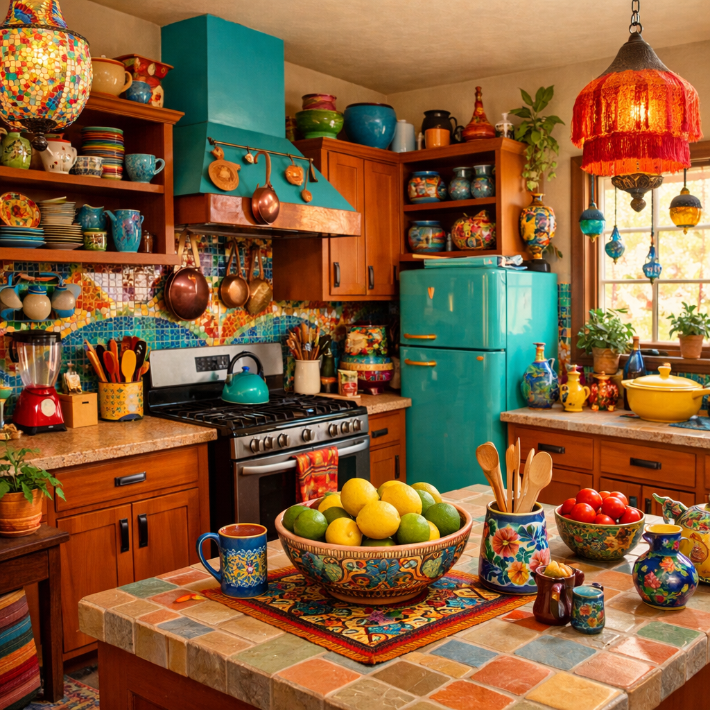 Eclectic kitchen featuring orange wood cabinets, colorful decorative elements, and vibrant fruits