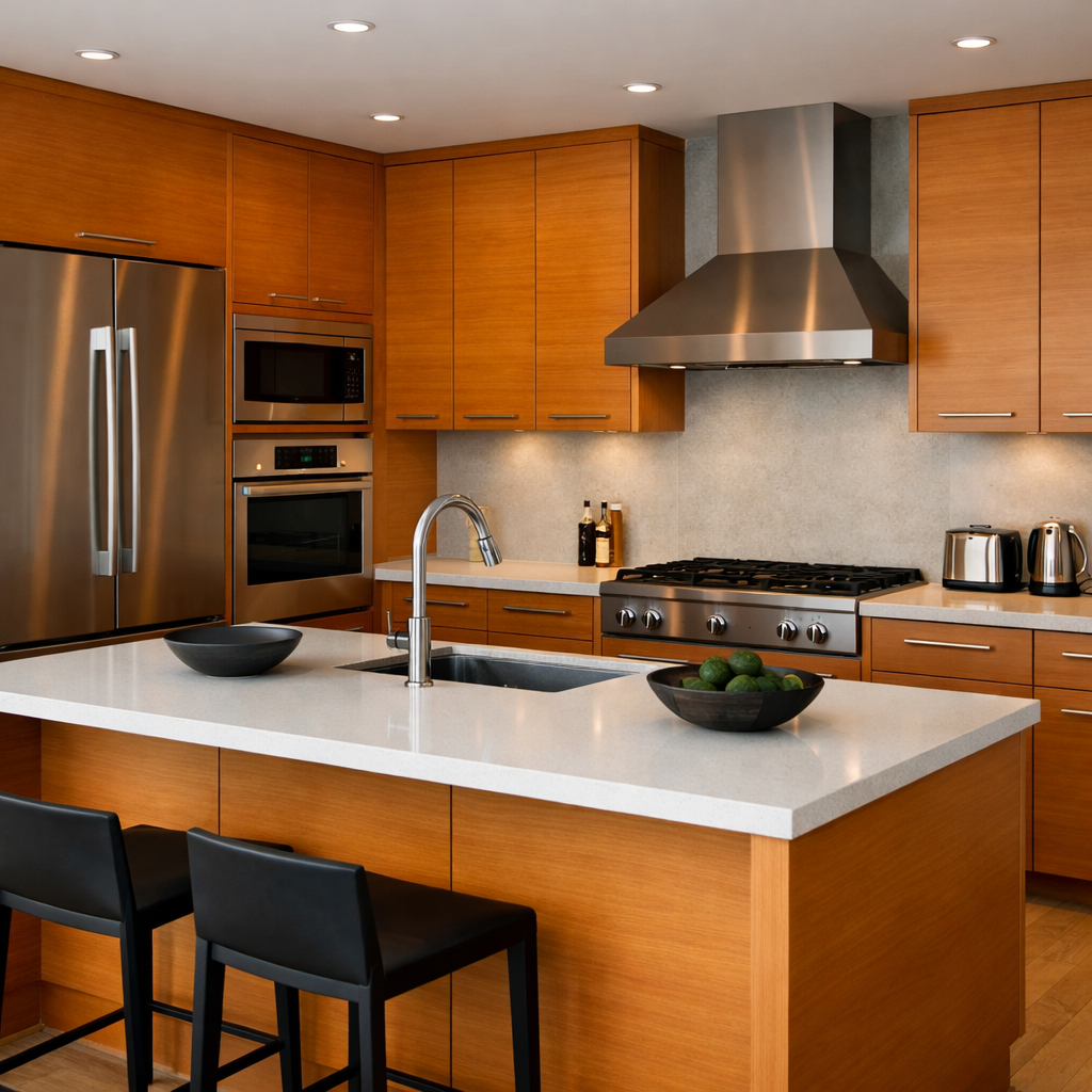 Modern kitchen with orange wood cabinets and sleek appliances.