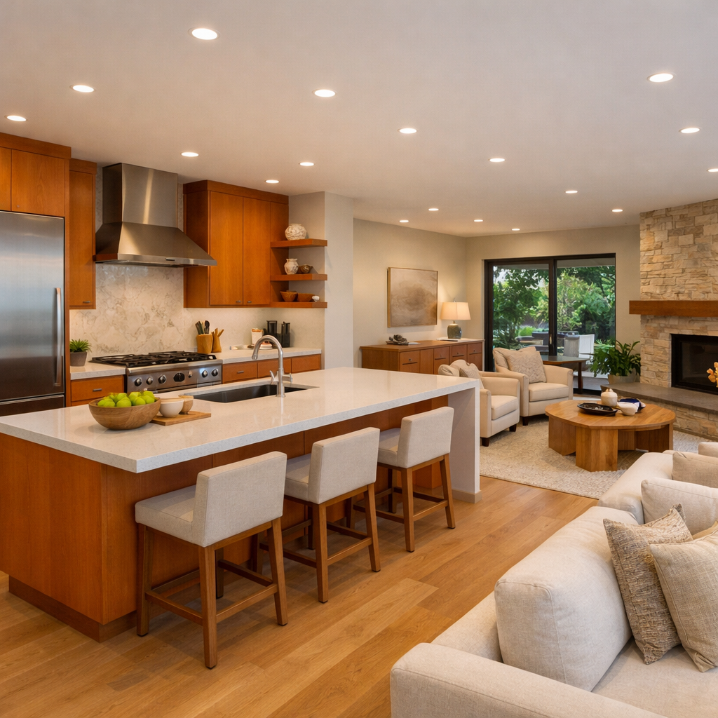 An open concept kitchen featuring orange wood cabinets, a central island, and a welcoming living space.