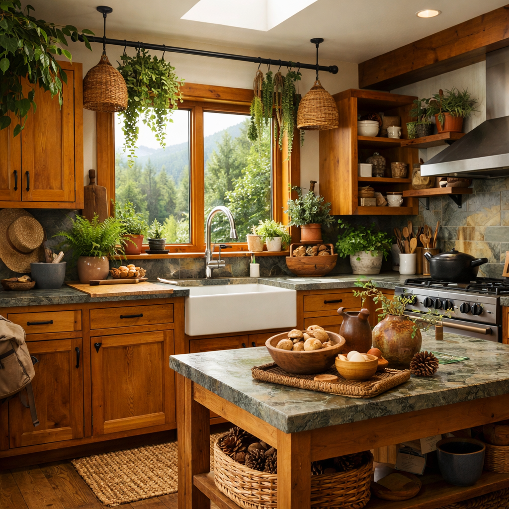 Cozy kitchen with orange wood cabinets, greenery, and natural light