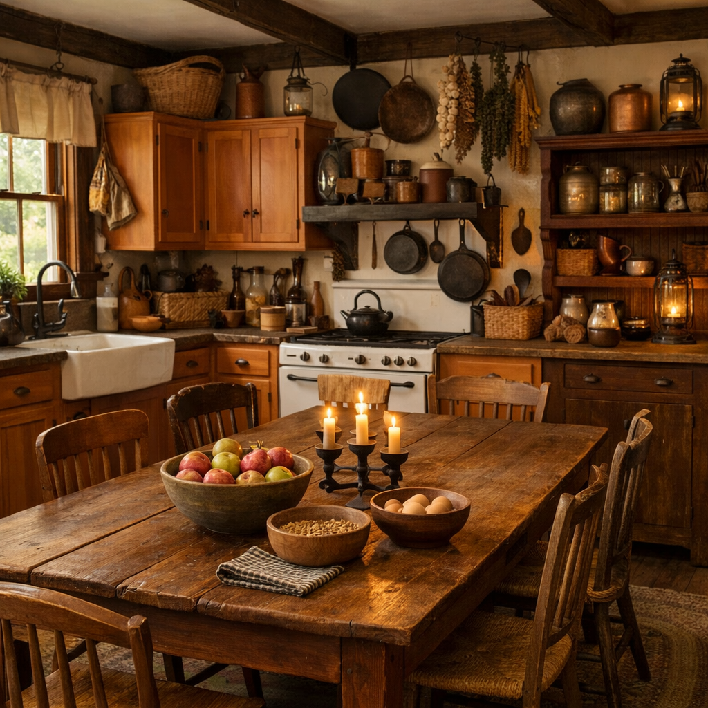 Cozy farmhouse kitchen featuring orange wood cabinets, a wooden table with fruits, and rustic decor.